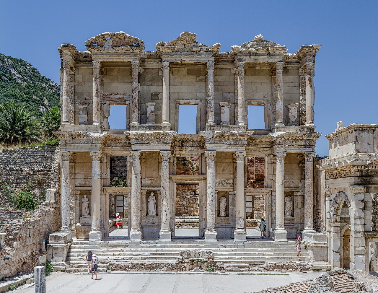 Stone columns and ornate architecture at the Library of Celsus, Ephesus