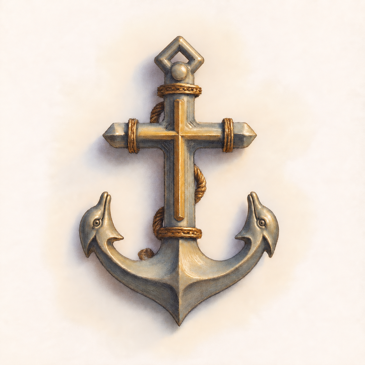 Troya Prima’s bronze anchor emblem, with a cross and dolphin-shaped arms
